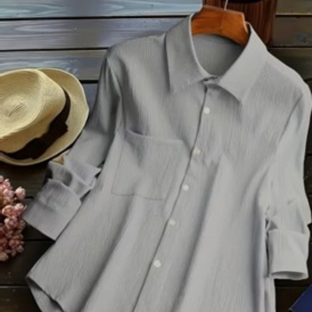 Solid Color Shirt, Elegant Long Sleeve Simple Shirt for Women